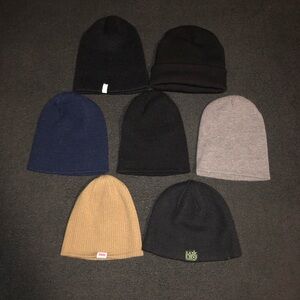 Beanie Hats. Total of 7. Black, Gray, Blue, Brown Colors.